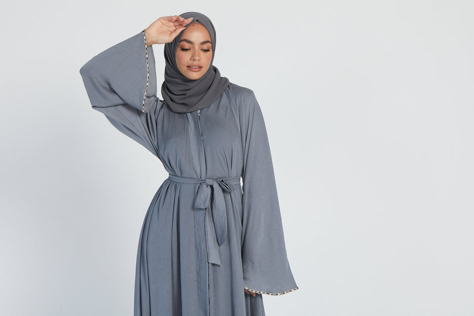 Grey Embellished Cuff Umbrella Cut Open Abaya
