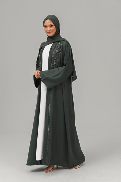 Royal Jade Green Open Abaya with Embellished Chiffon Motifs
