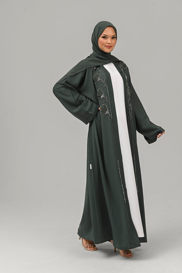 Royal Jade Green Open Abaya with Embellished Chiffon Motifs