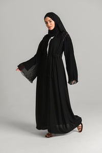 Luxury Embellished Open Abaya with Chiffon Pleated Sleeves