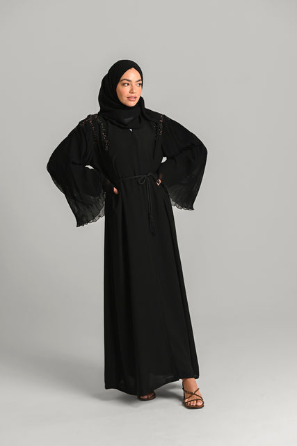 Luxury Embellished Open Abaya with Chiffon Pleated Sleeves