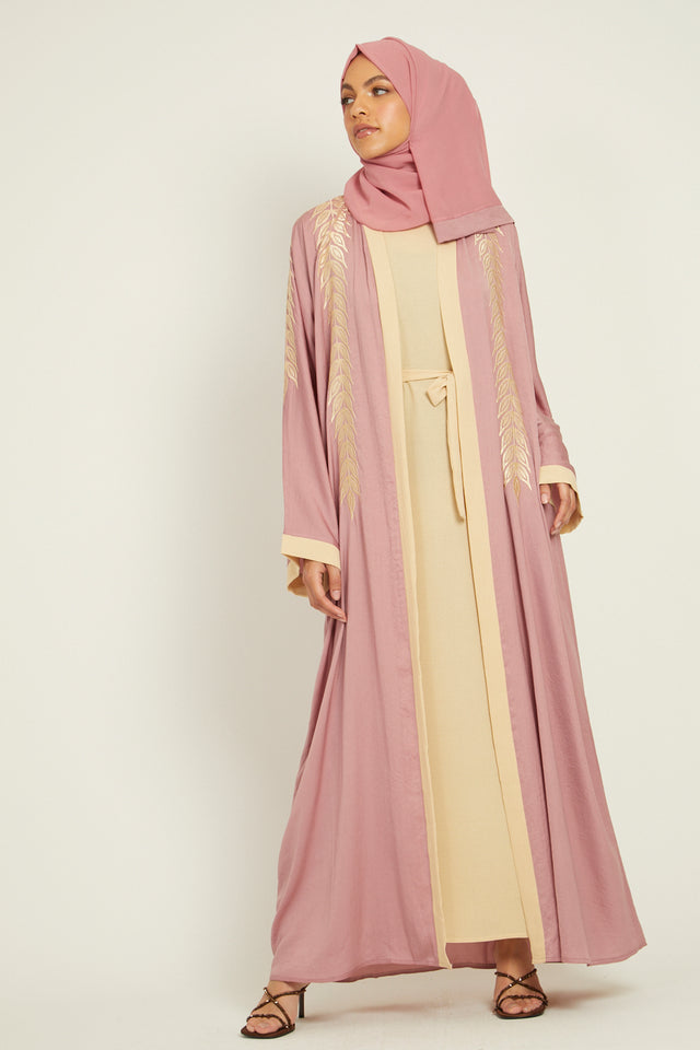 Four Piece Floral Motif Embroidered Open Abaya - Blush
