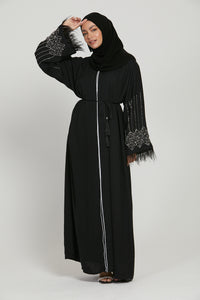 Black Feathered Embellished Open Abaya
