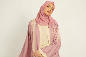 Four Piece Floral Motif Embroidered Open Abaya - Blush