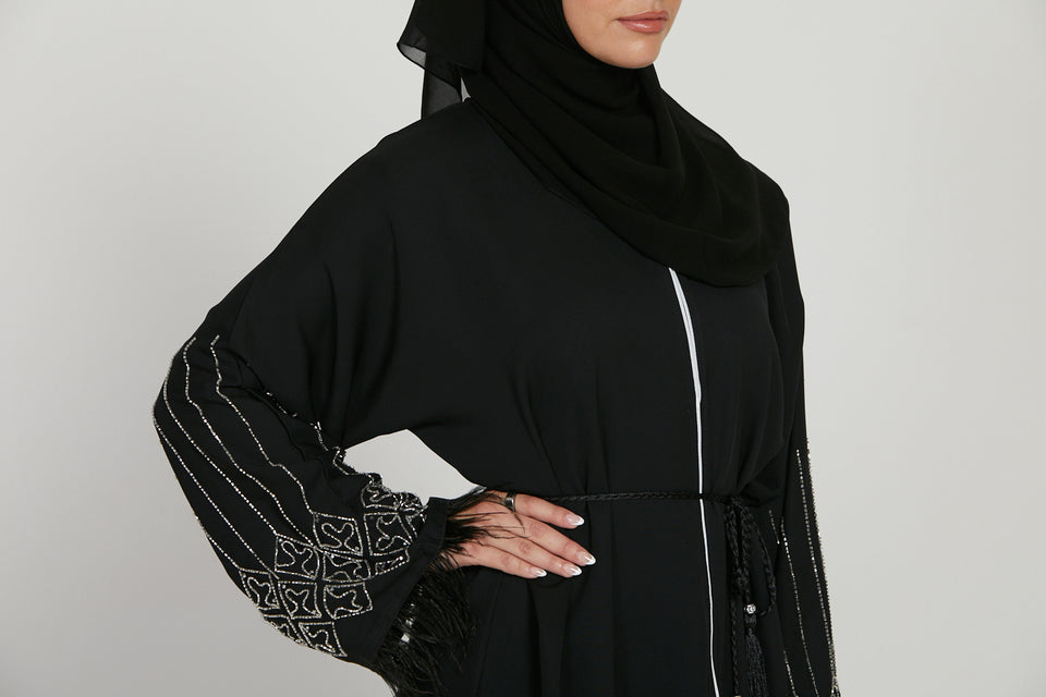 Black Feathered Embellished Open Abaya
