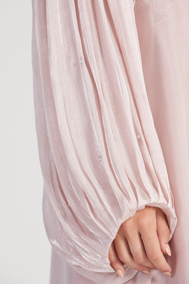 Dusty Pink Open Abaya with Embellished Balloon Sleeves