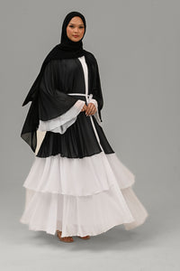 Black and White Embellished Chiffon Layered Open Abaya