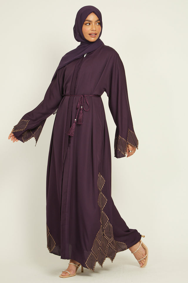 Open Abaya with Diamond Embroidery Detailing - Plum