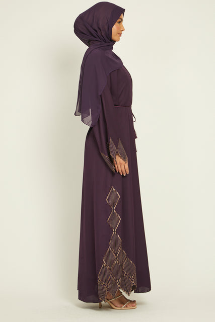 Open Abaya with Diamond Embroidery Detailing - Plum