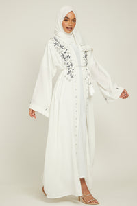White Textured Open Abaya with Grey Embellishments