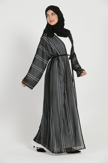 Four Piece Black Chiffon Embroidered Open Abaya Set