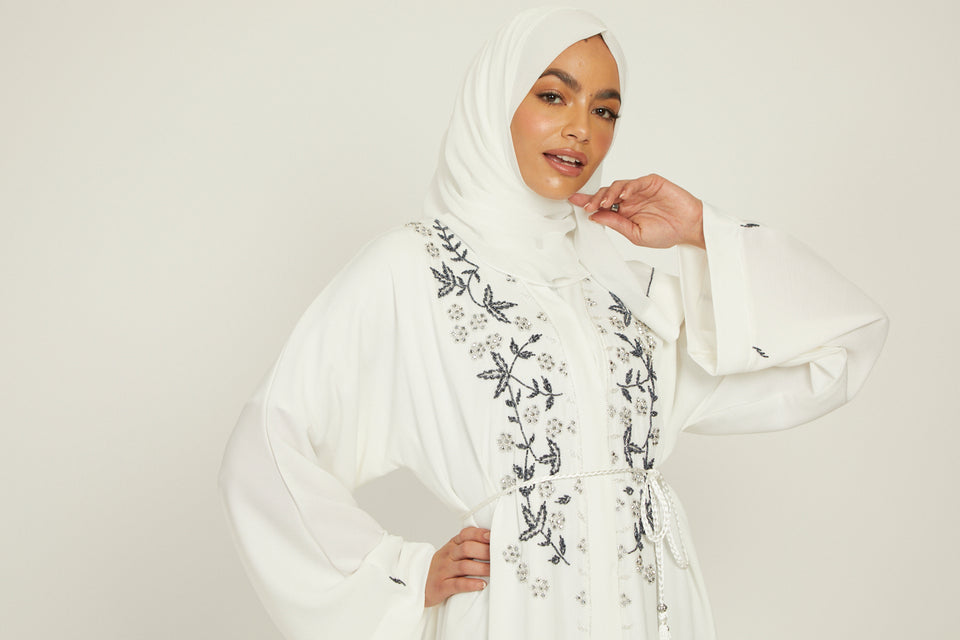 White Textured Open Abaya with Grey Embellishments