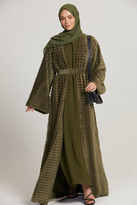 Four Piece Faux Fur Abaya Coat Set - Khaki