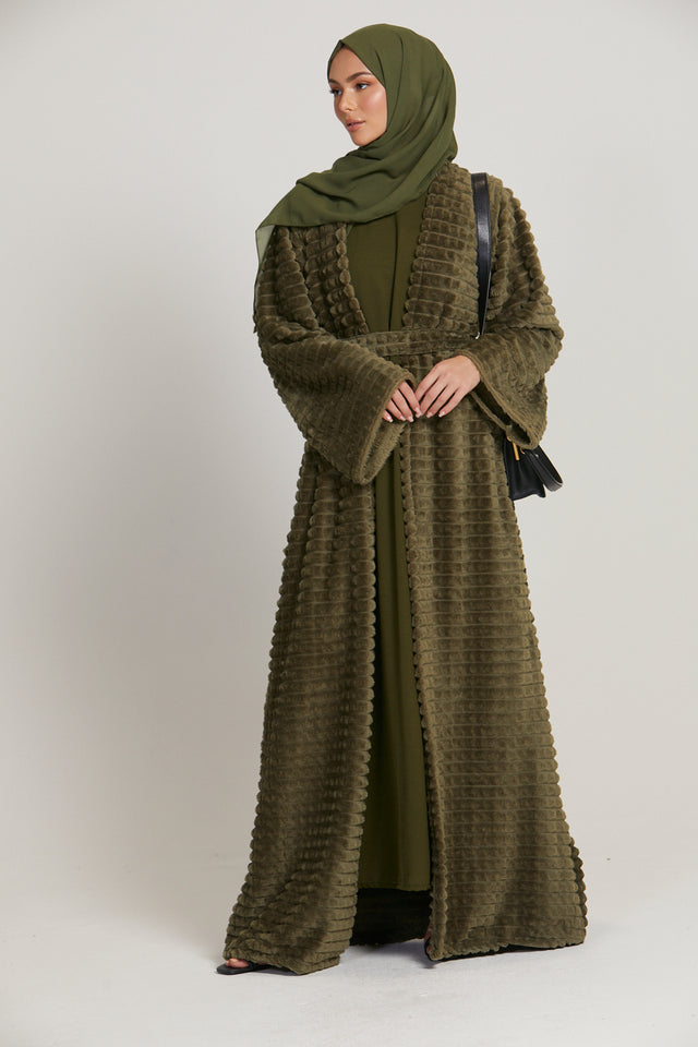 Four Piece Faux Fur Abaya Coat Set - Khaki