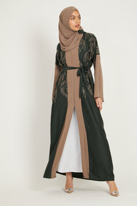 Forest Green and Taupe Embroidered Open Abaya