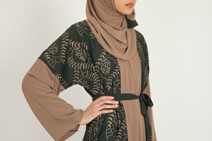 Forest Green and Taupe Embroidered Open Abaya