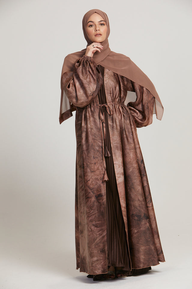Marble Print Open Abaya With Inner Belt - Mauve Brown - Limited Edition