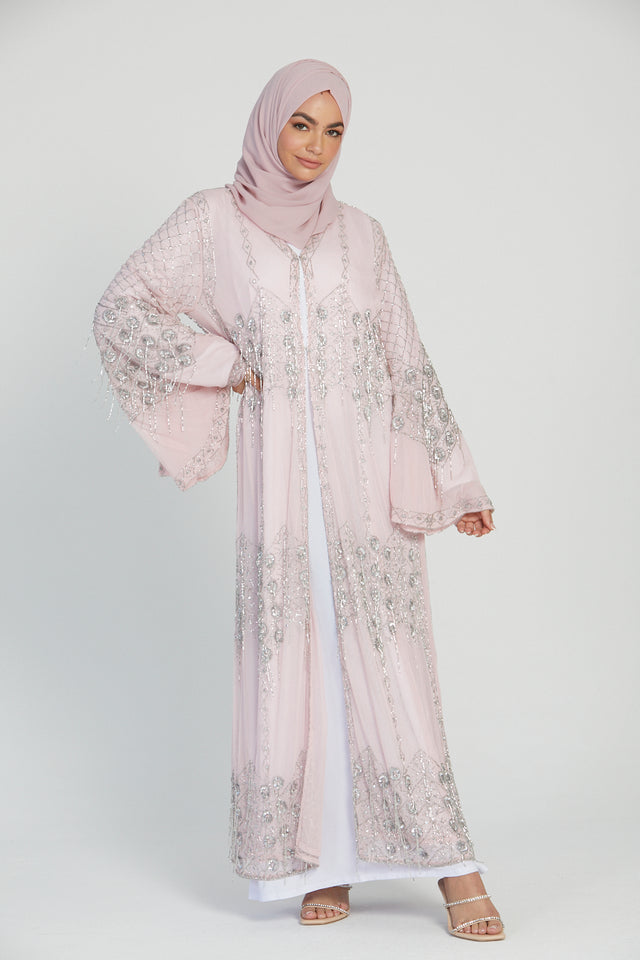 Luxury Ice Pink Glimmer Embellished Open Abaya