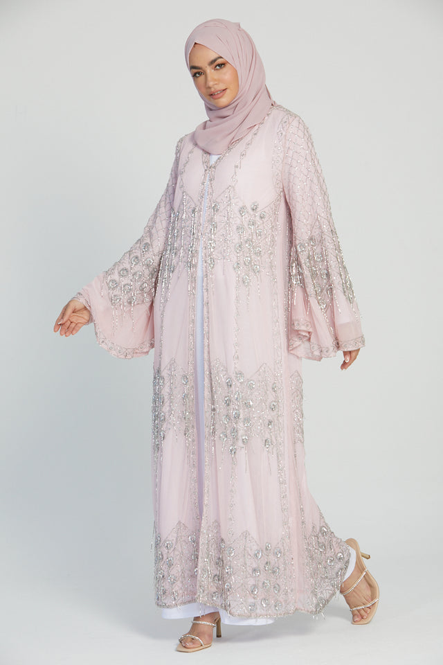 Luxury Ice Pink Glimmer Embellished Open Abaya
