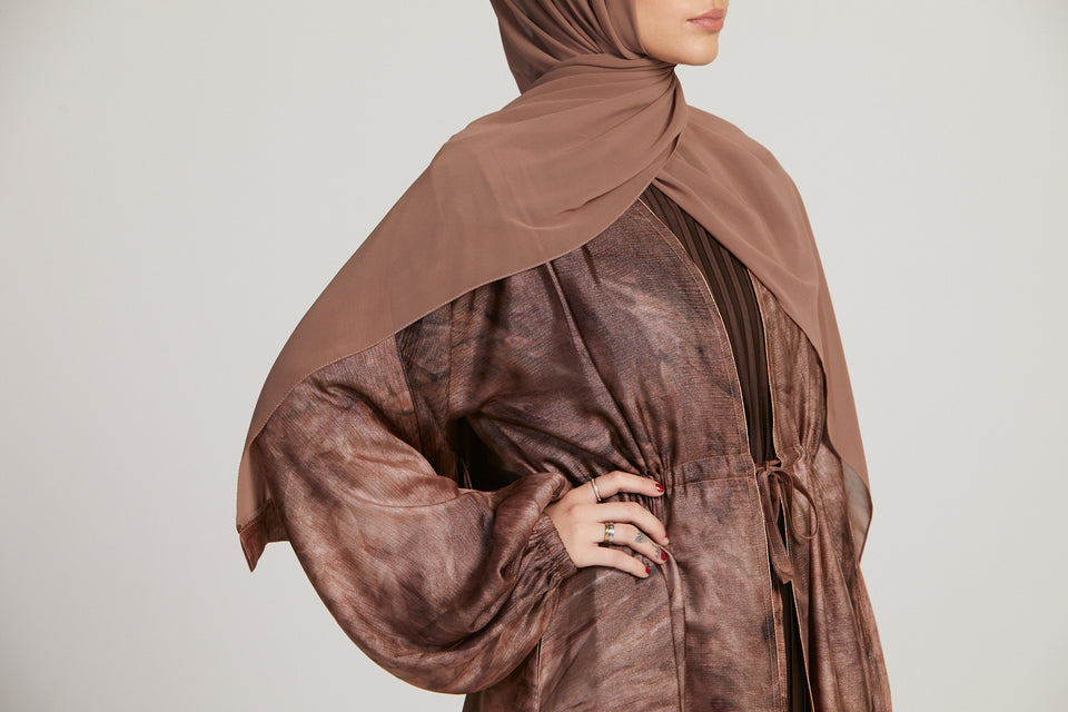 Marble Print Open Abaya With Inner Belt - Mauve Brown - Limited Edition