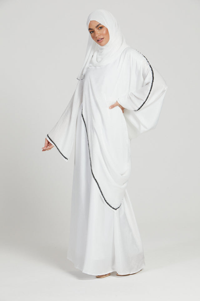 Premium Draped Embellished Closed Abaya - White