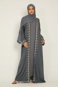Four Piece Mosaic Embroidered Open Abaya Set - Charcoal