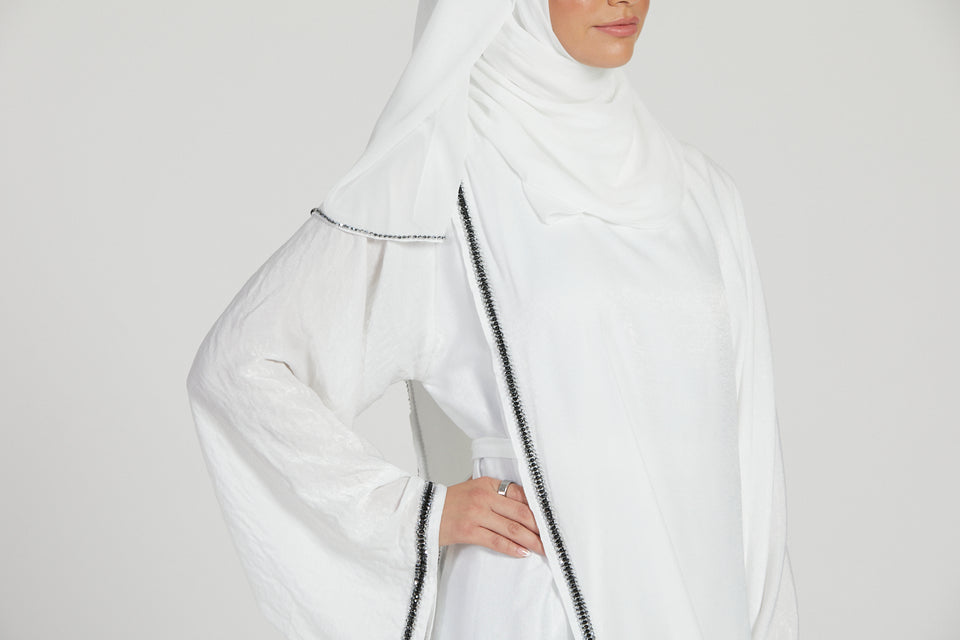 Premium Draped Embellished Closed Abaya - White