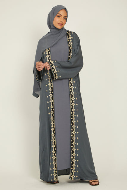 Four Piece Mosaic Embroidered Open Abaya Set - Charcoal