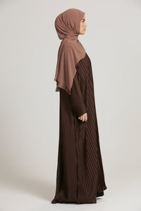 Pleated Satin Inner Slip Dress -  Dark Brown - Long Sleeve