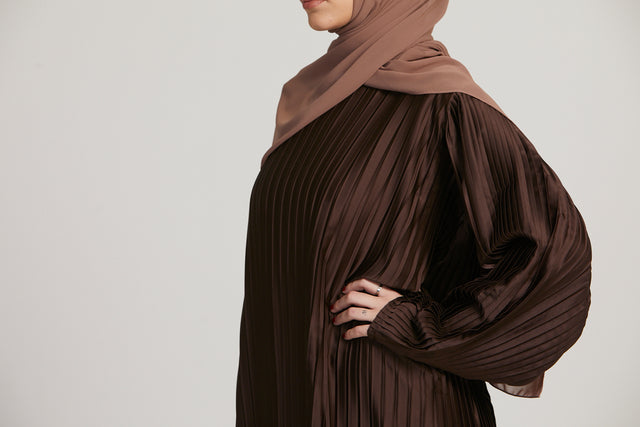 Pleated Satin Inner Slip Dress -  Dark Brown - Long Sleeve