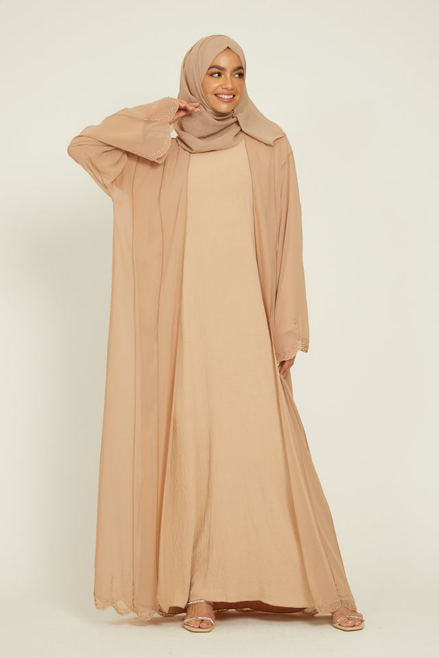Four Piece Chiffon Embellished Open Abaya - Camel