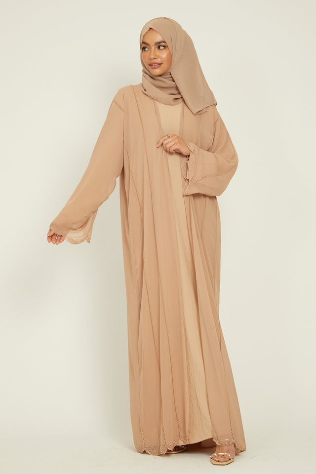 Four Piece Chiffon Embellished Open Abaya - Camel