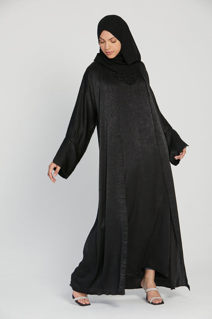 Four Piece Black Embellished Lace Open Abaya