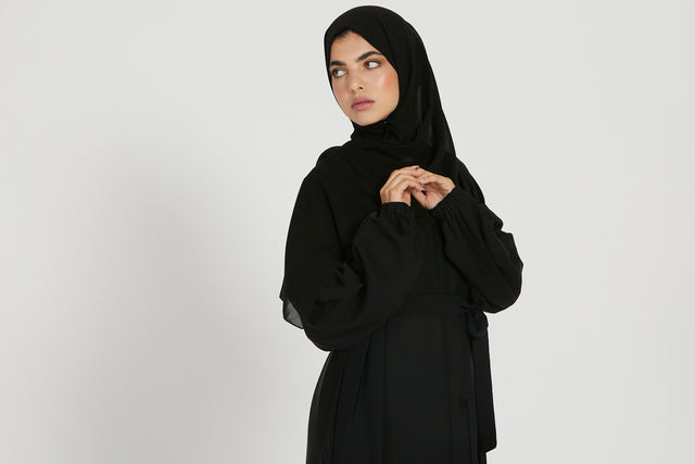 Open Abaya with Elasticated Cuffs - Black