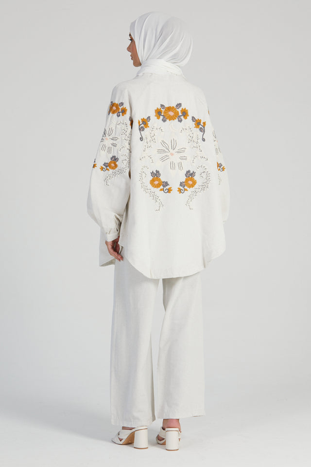 Linen Blend Floral Embroidered Kimono Jacket
