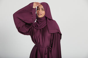 Satin Closed Abaya with Pleated Sleeves - Deep Maroon