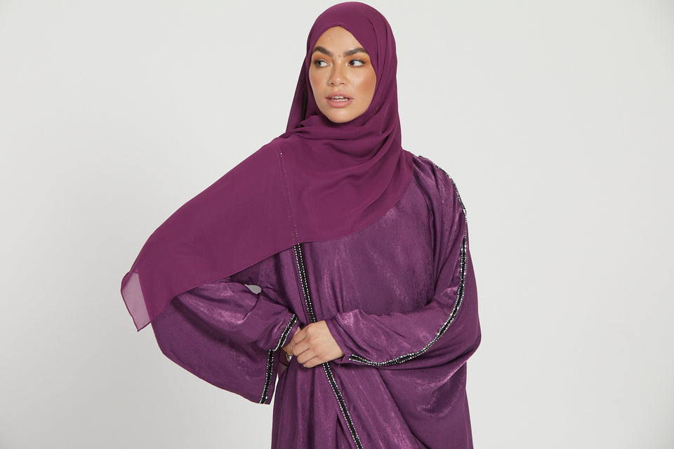 Premium Draped Embellished Closed Abaya - Parisian Purple