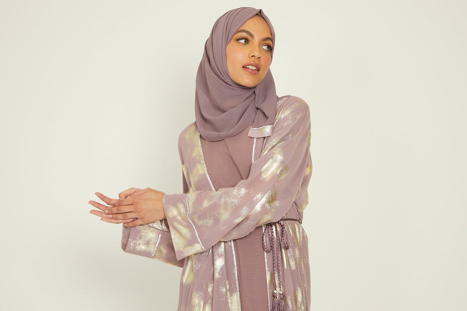 Four Piece Abstract Open Abaya Set - Mauve Blush