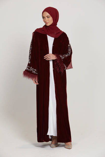 Luxury Embellished Velvet Open Abaya with Feathers - Deep Maroon