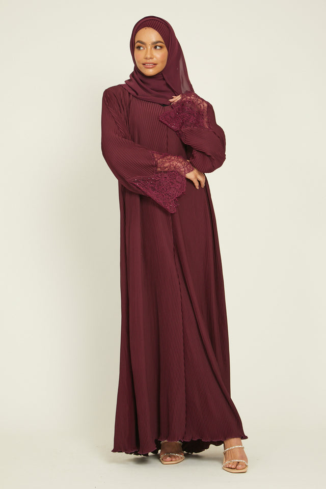 Premium Pleated Floral Lace Cuff Abaya - Plum Maroon