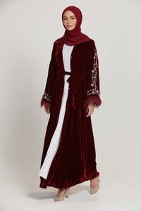 Luxury Embellished Velvet Open Abaya with Feathers - Deep Maroon