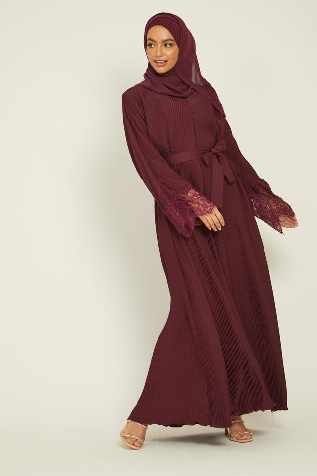 Premium Pleated Floral Lace Cuff Abaya - Plum Maroon