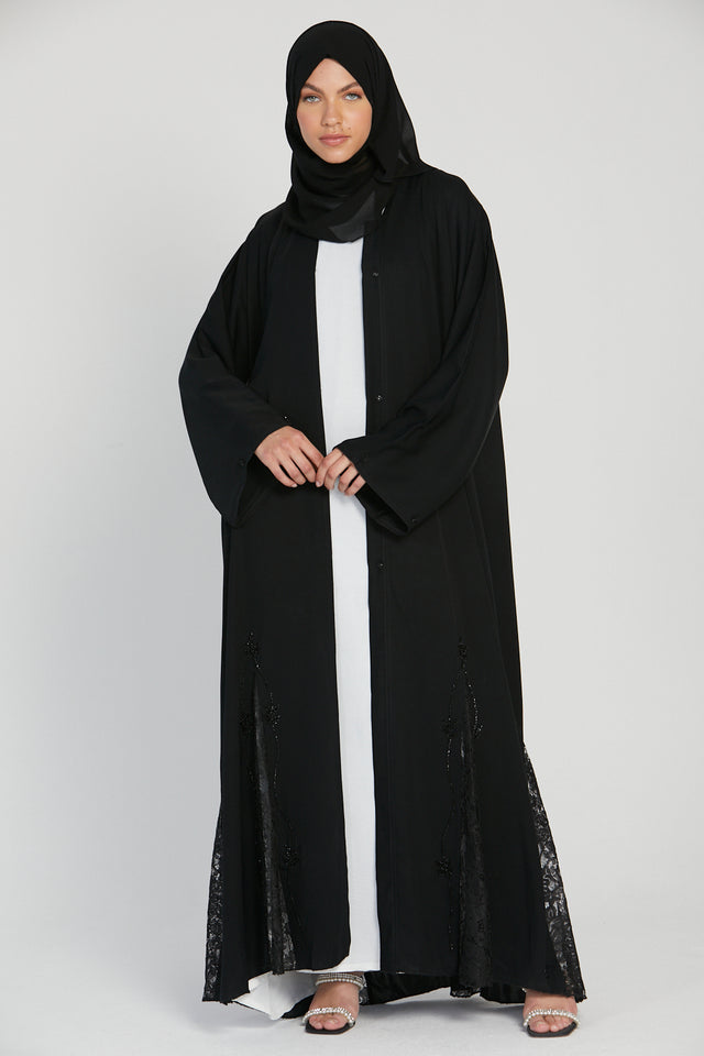Classic Black Open Abaya with Embellished Lace