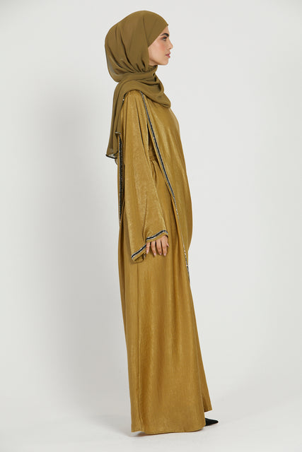 Premium Draped Embellished Closed Abaya - Amber Sunset