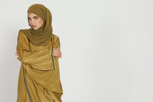 Premium Draped Embellished Closed Abaya - Amber Sunset