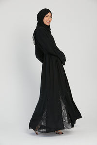 Classic Black Open Abaya with Embellished Lace