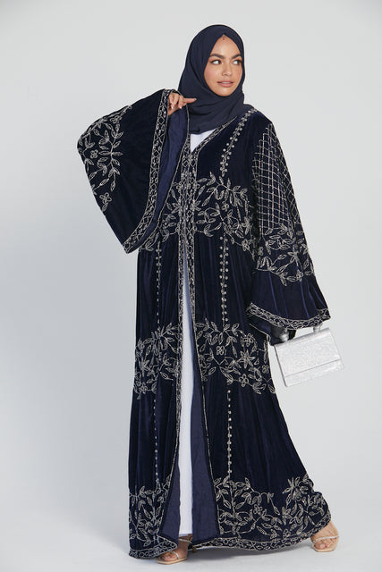 Luxury Velvet Open Abaya with Silver Floral Detailing - Navy