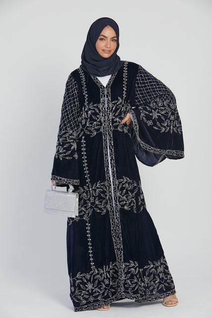 Luxury Velvet Open Abaya with Silver Floral Detailing - Navy