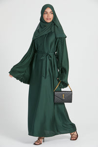 Satin Closed Abaya with Pleated Sleeves - Emerald