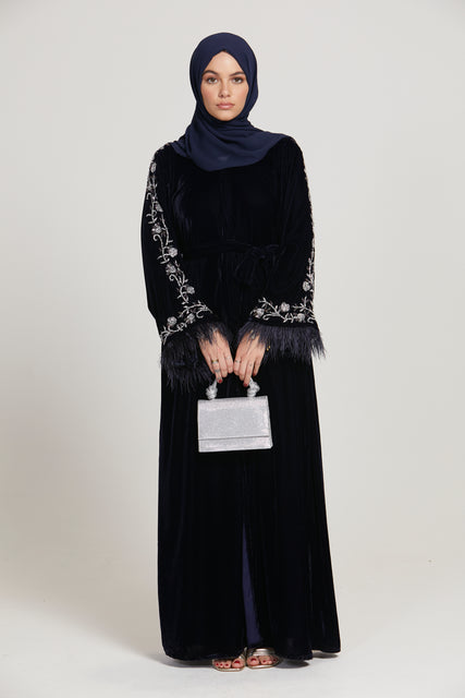 Luxury Embellished Velvet Open Abaya with Feathers - Deep Navy